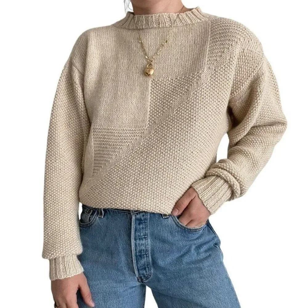 Vintage Womens Hand Knit Tan Beige Alpaca Oversized Soft Sweater Sz XL - Picture 3 of 8